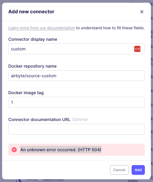 Screenshot of UI error when custom connector container is not loaded in the cluster